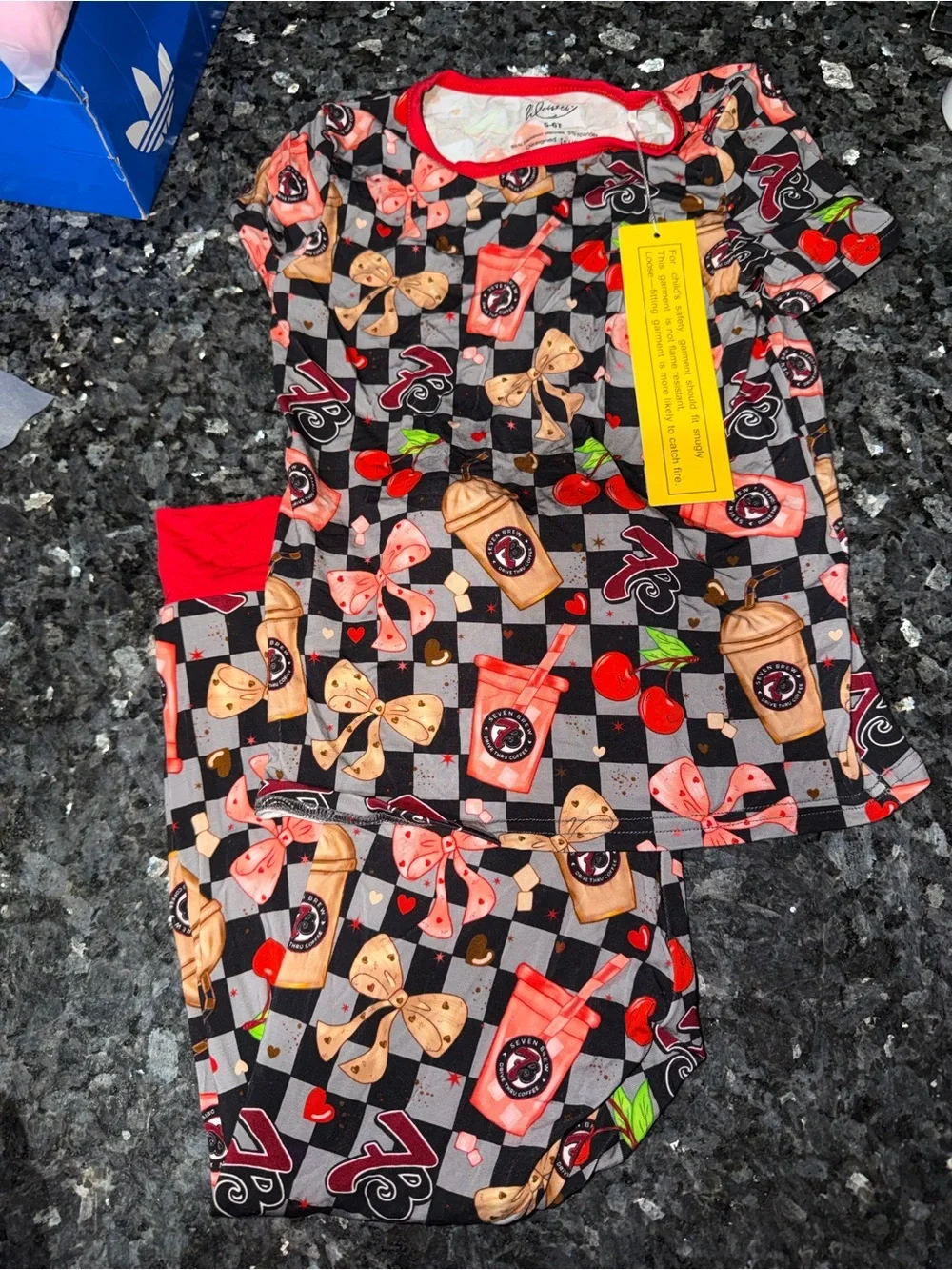 Kids Pajama Set with Drink & Bow Print - Red Accents